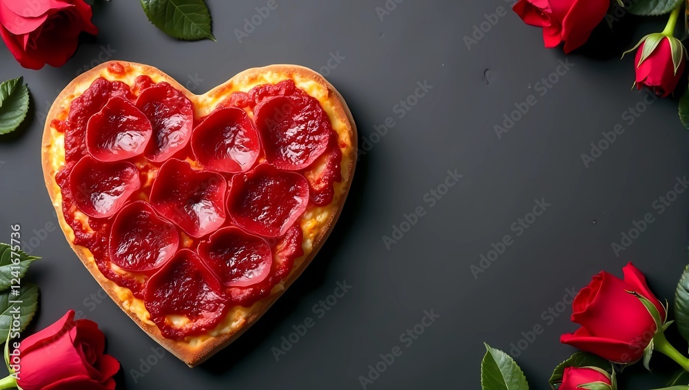 Top view of delicious pizza heart shape and red roses with copy space or text, isolated on dark background, Valentine's Day or Anniversary celebration concept Top view of delicious pizza heart shape and red roses with copy space or text, isolated on dark background, Valentine's Day or Anniversary celebration concept