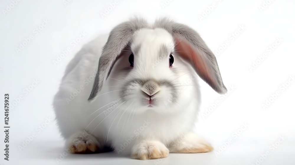 A white rabbit with a gray face and ears is sitting on a white background A white rabbit with a gray face and ears is sitting on a white background
