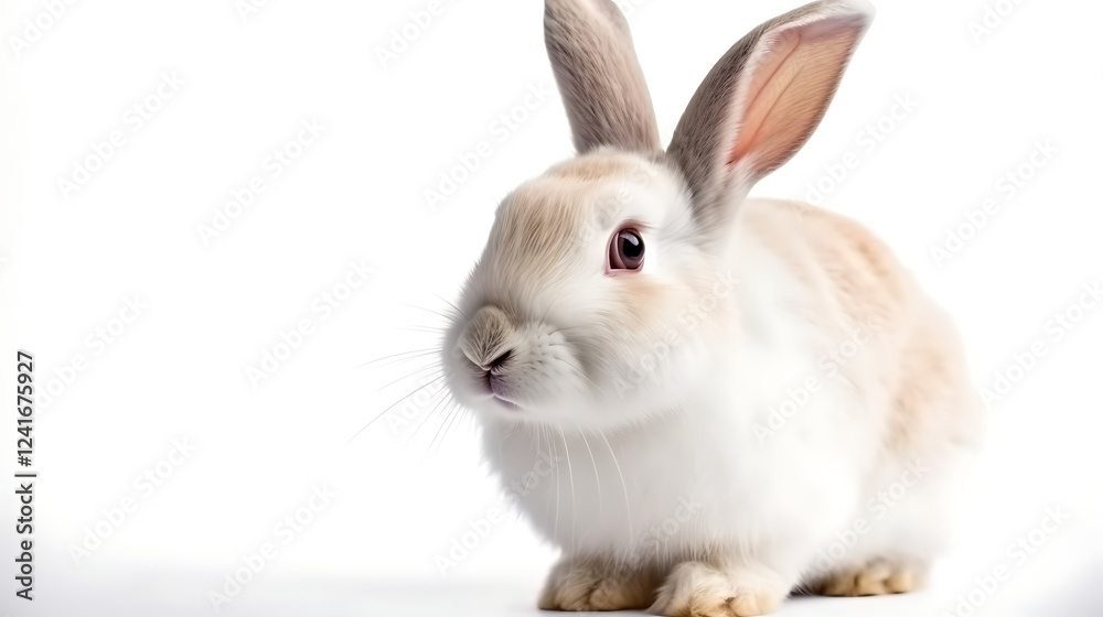 A white rabbit with brown ears and a pink nose is standing on a white background A white rabbit with brown ears and a pink nose is standing on a white background