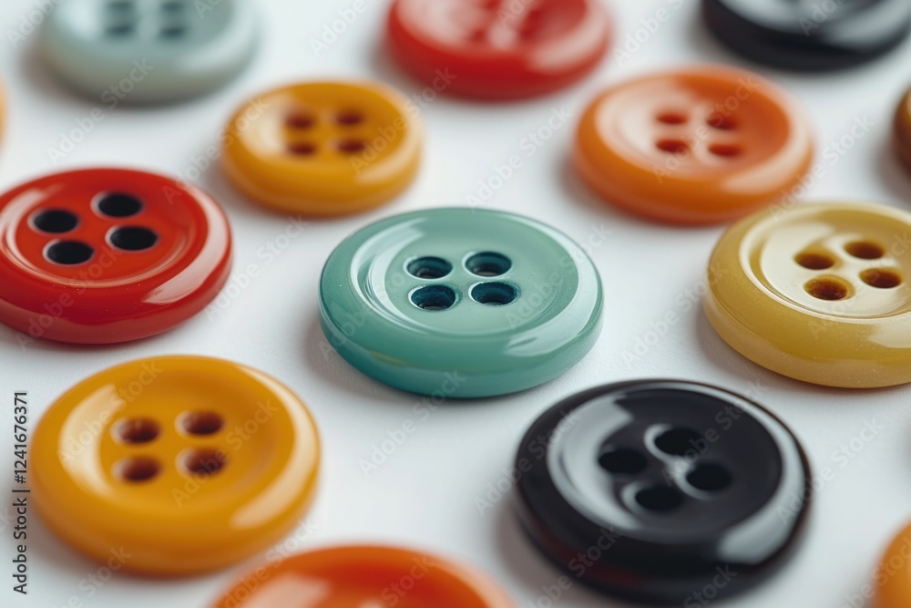 A collection of variously colored buttons arranged on a clean white background A collection of variously colored buttons arranged on a clean white background