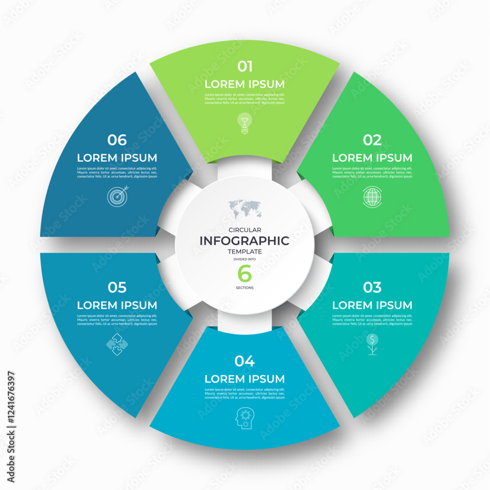Vector infographic circular template divided into 6 sections, parts. Cycle diagram with 6 options. 6-step round chart. Suitable for use in presentations, reports, visualizing data, marketing materials