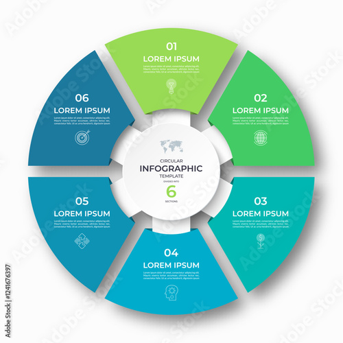 Vector infographic circular template divided into 6 sections, parts. Cycle diagram with 6 options. 6-step round chart. Suitable for use in presentations, reports, visualizing data, marketing materials