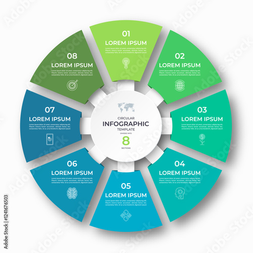 Vector infographic circular template divided into 8 sections, parts. Cycle diagram with 8 options. 8-step round chart. Suitable for use in presentations, reports, visualizing data, marketing materials