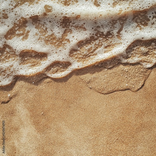 Ocean waves gently receding on sandy beach with foam lining photo