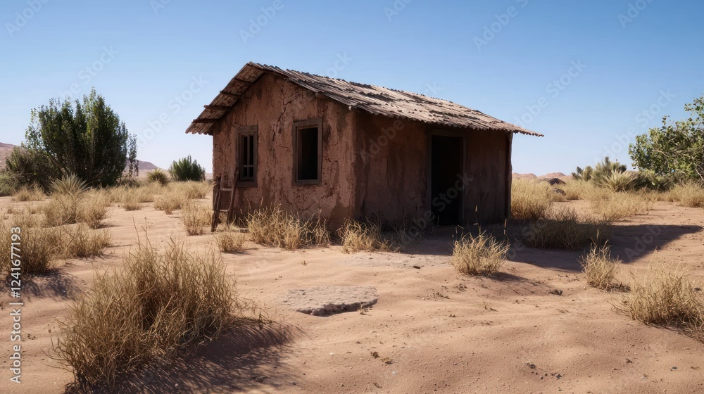 Abandoned rustic hut surrounded by dry grass and desert landscape under clear blue sky Abandoned rustic hut surrounded by dry grass and desert landscape under clear blue sky
