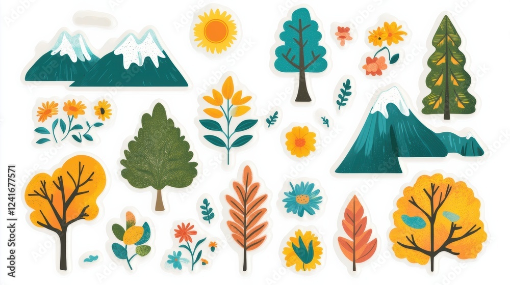 Obraz premium Colorful nature themed stickers featuring mountains, trees, and flowers in vibrant designs for creative projects. Generative AI