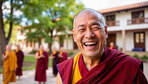 Jovial abbot laughing in summer monastery courtyard, joy and harmony