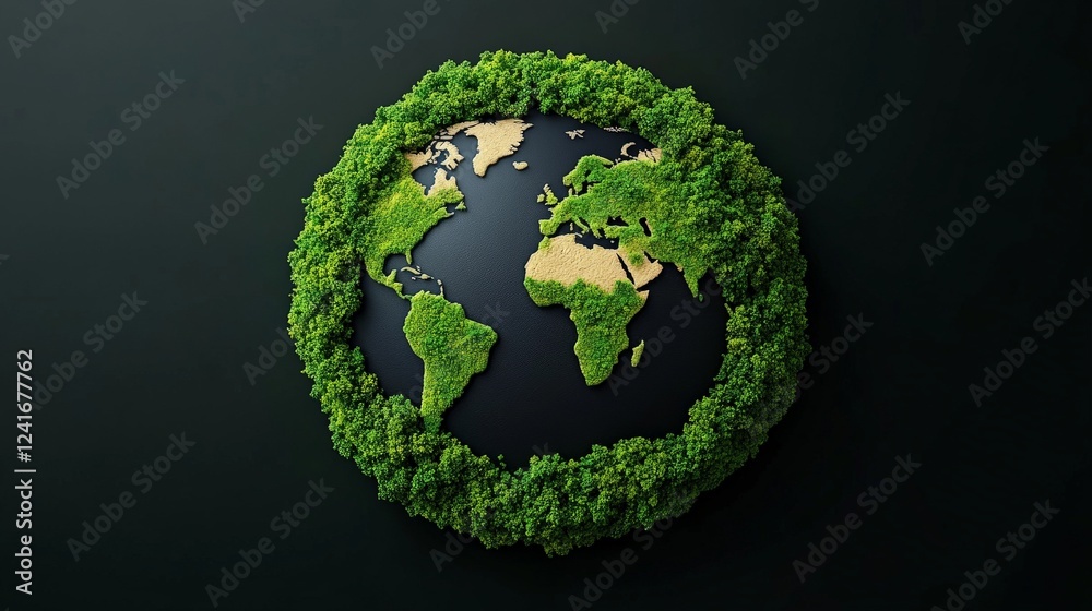 Green Earth Globe: A 3D rendering of a globe encircled by lush green foliage, symbolizing the importance of environmental conservation and sustainability. The globe's continents are discernible.