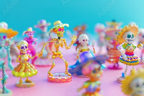 miniature people in Glossy shinny Intricate colorful Intricate golden, rule of thirds, banner design without text Day of the dead rule of thirds, corner right side placed photo