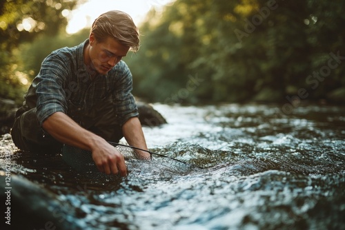 A person catching a fish in a body of water photo