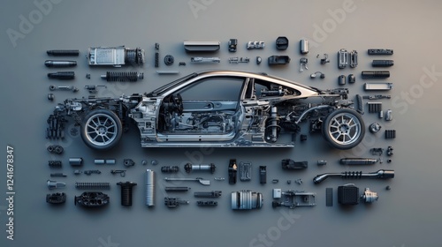 Exploded view of a generic sports car revealing its internal components, chassis, and engine, offering a detailed insight into automotive engineering and design