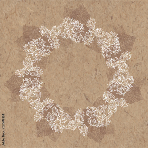 Hazelnuts. Round floral frame. Pre-made design with place for text on kraft paper. Vector template for design packaging, cards and prints. 