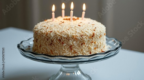 Coconut flake cake on a tiered serving dish with lit candles, candlelight, coconut cake, festive food display photo