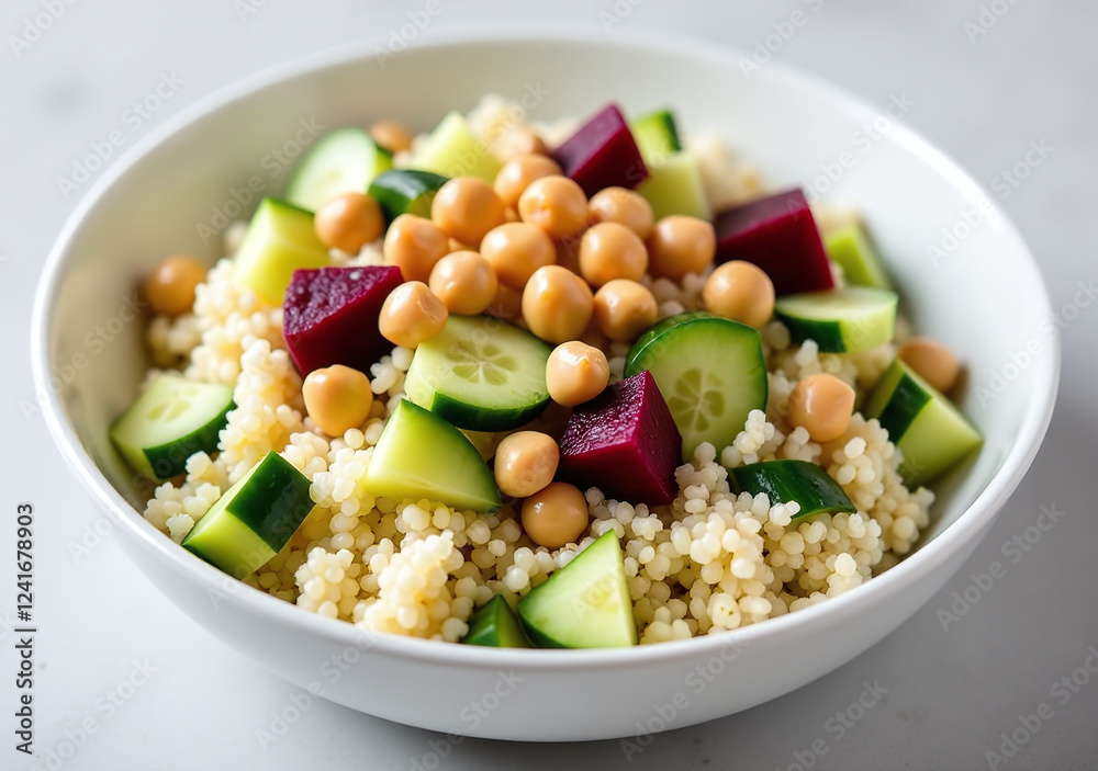 fluffy white quinoa salad white bowl cucumbers beets chickpeas fluffy white quinoa salad white bowl cucumbers beets chickpeas
