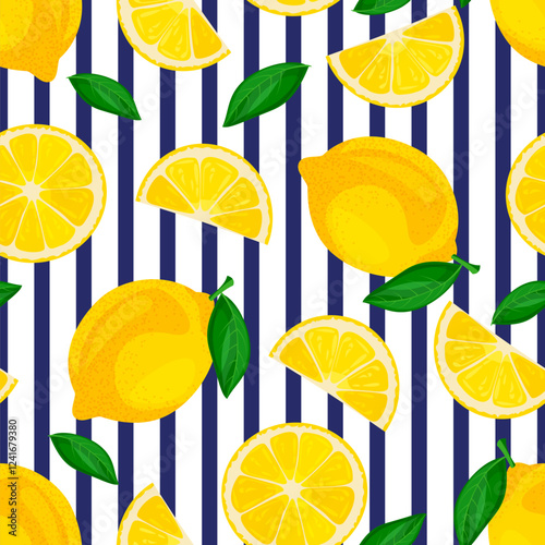 Lemon navy stripes vector seamless pattern. Citrus tropical fruit background. Vector illustration. Textile print design