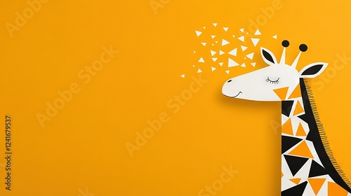   A close-up of a giraffe on a yellow background, featuring a black and white design on its head photo