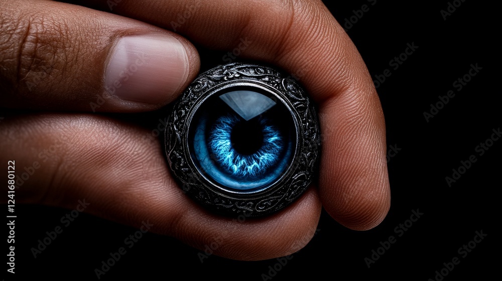 Mystical Eye: A captivating blue eye encased in an ornate silver frame, held within a hand, creates a sense of wonder and intrigue. Mystical Eye: A captivating blue eye encased in an ornate silver frame, held within a hand, creates a sense of wonder and intrigue.