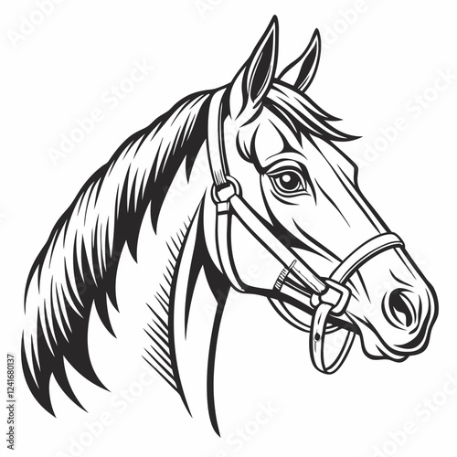 Professional Horse Head Vector Illustration - Black & White Line Art - Equestrian Design.