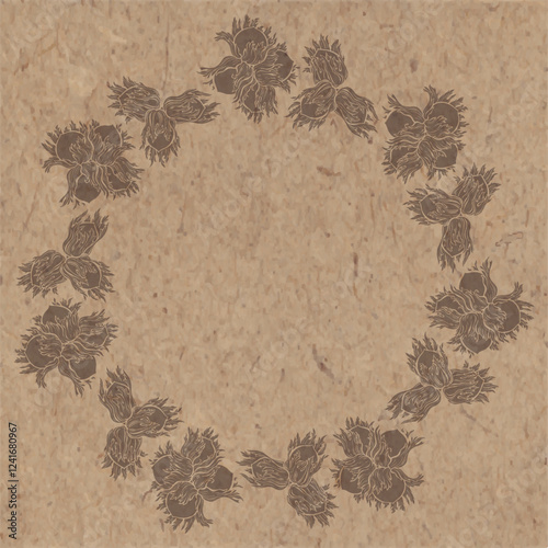 Hazelnuts. Round floral frame. Pre-made design with place for text, brown silhouettes on kraft paper. Vector template for design packaging, cards and prints. 