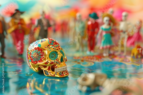 miniature people in Glossy shinny Intricate colorful Intricate golden, rule of thirds, banner design without text Day of the dead rule of thirds, corner right side placed, photo