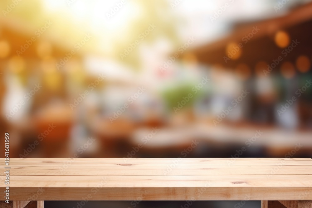 empty wooden table for displaying products and goods, street farmer's market on a blurred background, eco-shop, horizontal banner, copy space, free space