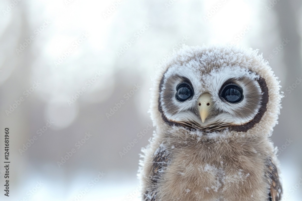 Obraz premium A small owl sits on a snowy surface, looking around