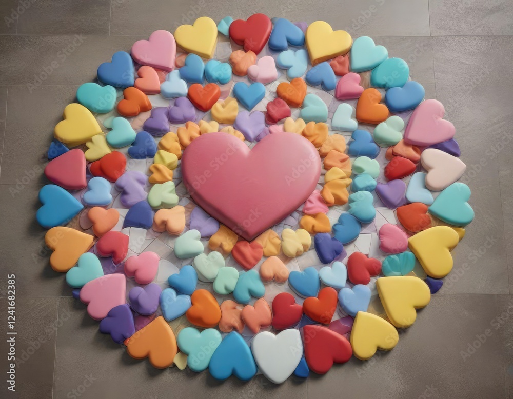 Fototapeta premium Colorful heart shapes arranged in a circular pattern on a textured ceramic tile background, tile, texture