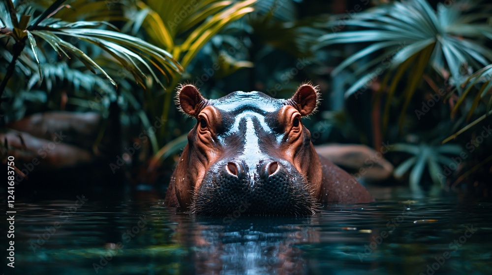 Fototapeta premium Hippopotamus in lush tropical foliage, wildlife habitat