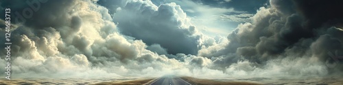 A long highway stretches through a cloudy sky