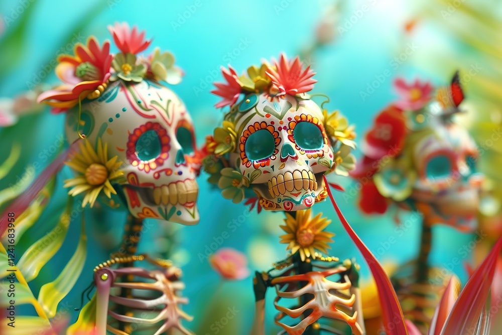 Fototapeta premium miniature people in Glossy shinny Intricate colorful Intricate golden, rule of thirds, banner design without text Day of the dead rule of thirds, corner right side placed