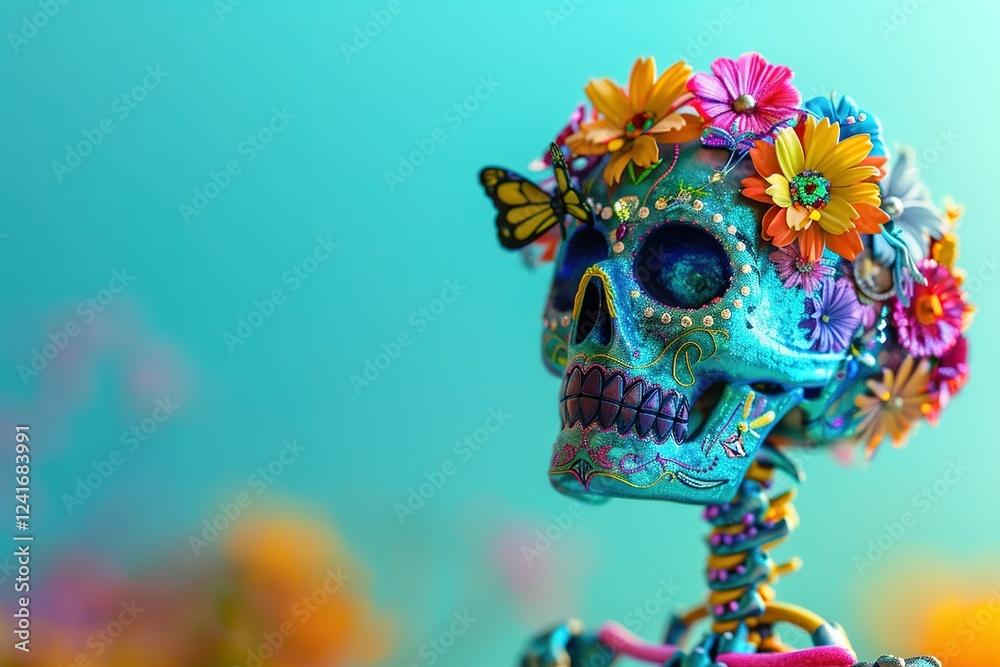 Fototapeta premium miniature people in Glossy shinny Intricate colorful Intricate golden, rule of thirds, banner design without text Day of the dead rule of thirds, corner right side placed