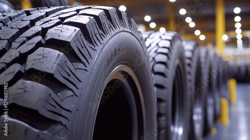 Row of tires stored in a warehouse, suitable for use as background or commercial property image photo