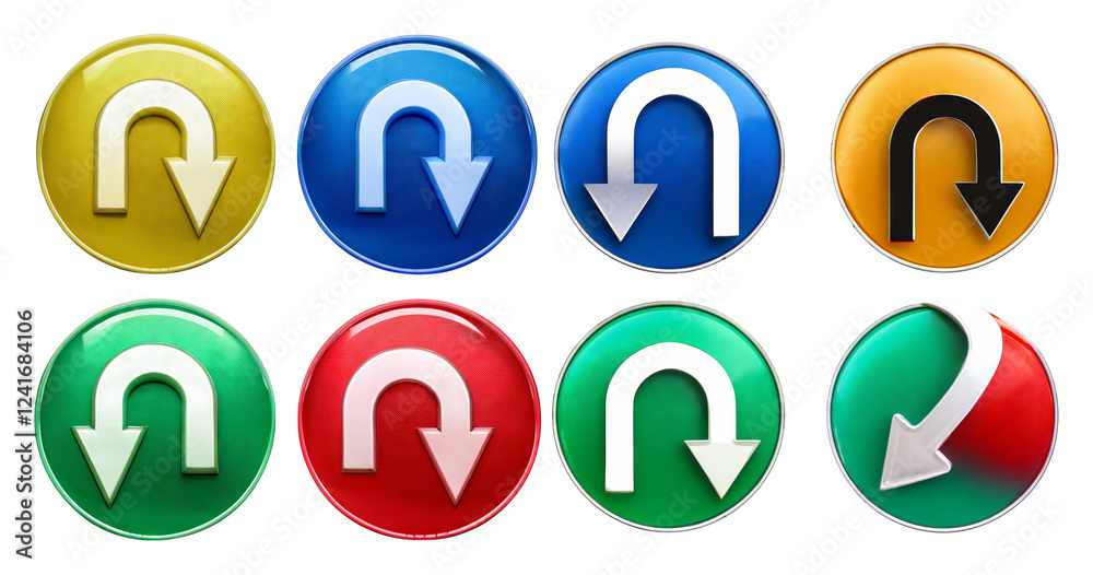 Colorful Directional Symbols with Arrows and Curved Designs, isolated on transparent background