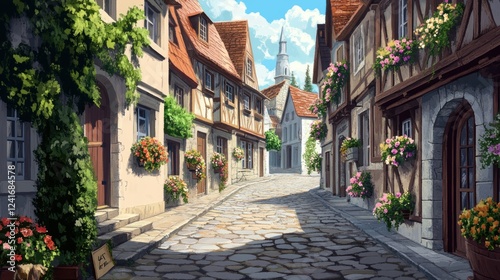 Charming European Village Street Scene