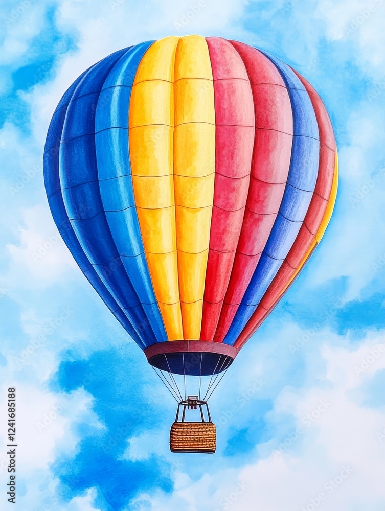 Fototapeta premium Colorful Hot Air Balloon Adventure - A vibrant hot air balloon soars through a clear blue sky, symbolizing freedom, adventure, exploration, dreams, and aspiration.