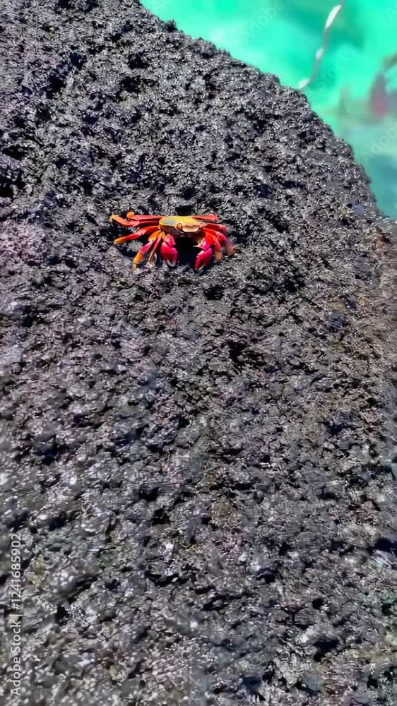 Sally Lightfoot Crab on Volcanic Rock With Crashing Waves in Tenerife Sally Lightfoot Crab on Volcanic Rock With Crashing Waves in Tenerife