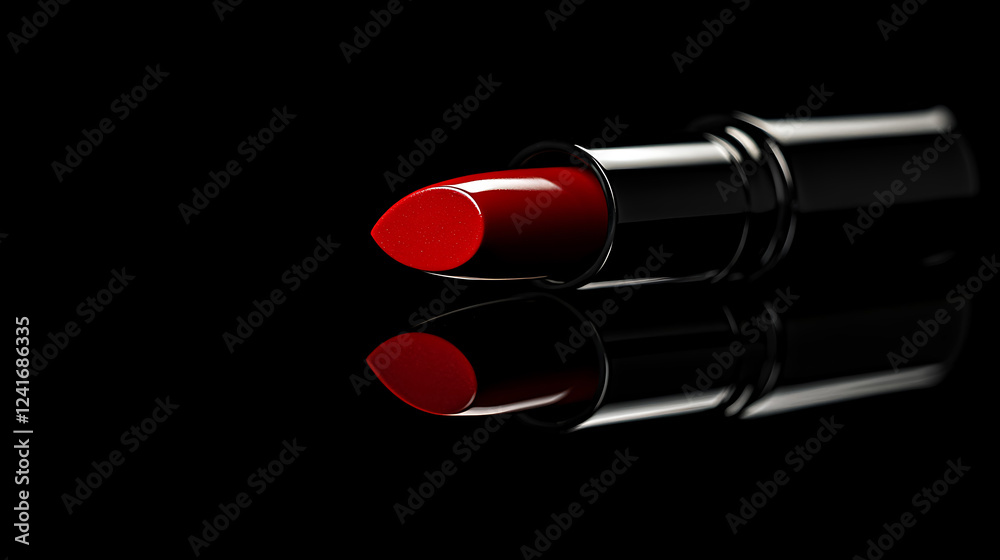 Close-up of a shiny red lipstick lying in an open black case, against a smooth black background with subtle highlights. Close-up of a shiny red lipstick lying in an open black case, against a smooth black background with subtle highlights.