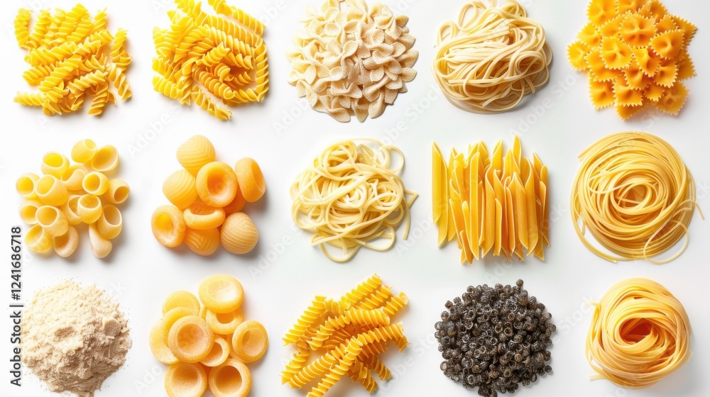 Detailed close-up of various pasta shapes including macaroni, spaghetti, and penne on a white background Detailed close-up of various pasta shapes including macaroni, spaghetti, and penne on a white background