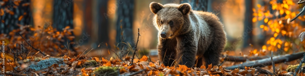 Fototapeta premium Autumnal Forest Encounter: A Young Brown Bear Amidst Golden Leaves