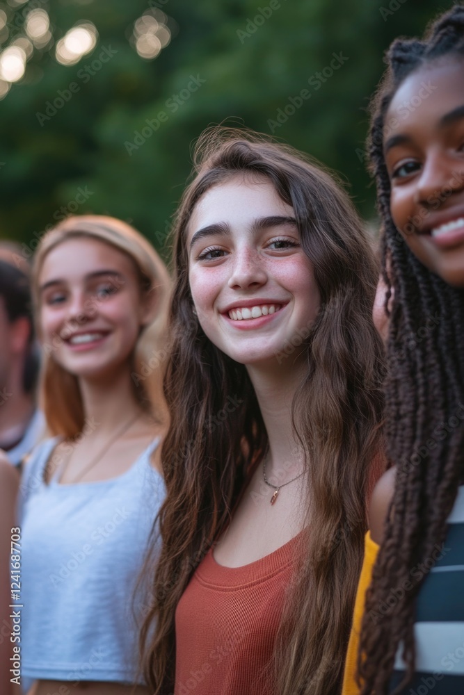 Fototapeta premium A group of young women stand together, smiling and laughing