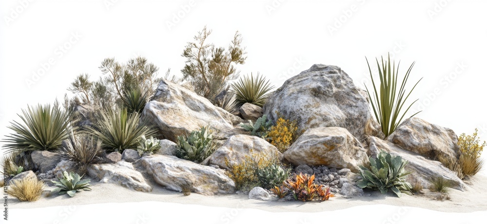 Fototapeta premium Desert rock garden, plants, white background, landscaping design