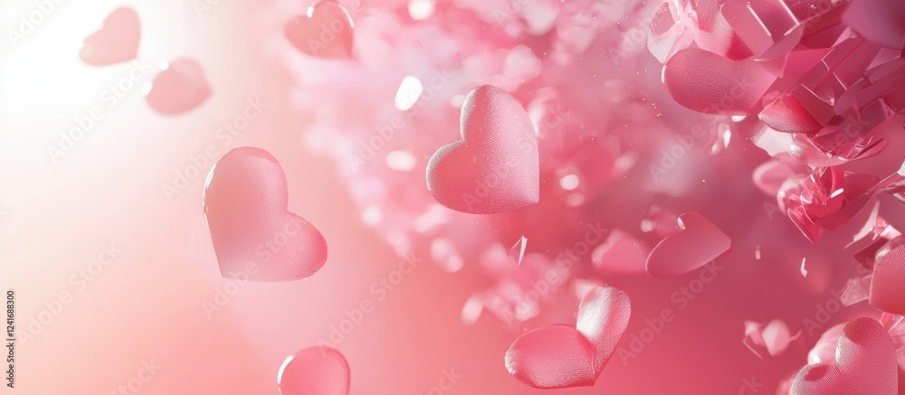Ultra-modern mockup background with space for text for Saint Valentines Day and 8 March International Womens Day, soft pink gradient with 3D floating hearts and gentle shadows
