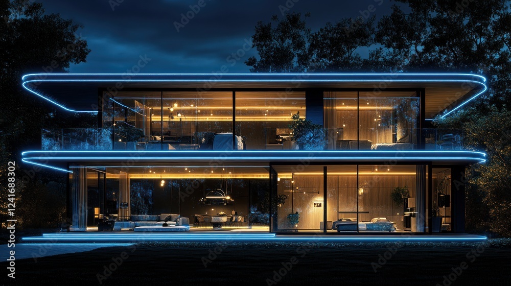 Modern illuminated house at night with glowing edges and warm interior lights, surrounded by trees Modern illuminated house at night with glowing edges and warm interior lights, surrounded by trees