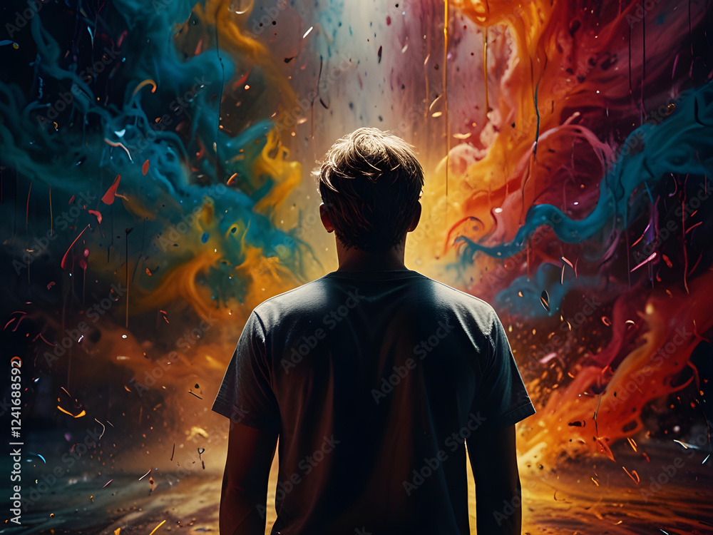 Fototapeta premium a highly detailed and unsettlingly vivid cinematic photograph depicting the turbulent mental state of ADHD overload, with swirling abstract ink tendrils and vibrant, clashing colors that evoke a sense