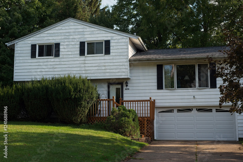 A split-level house with peeling paint on the aluminum siding and overgrown bushes in front