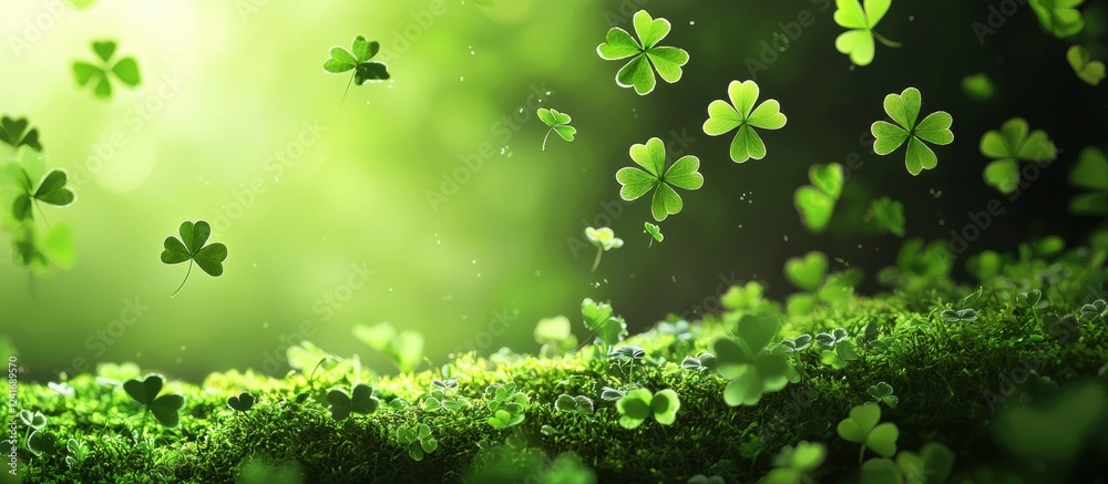 Ultra-modern mockup background with space for text for Saint Patricks Day, designed with a fresh mossy green gradient, Celtic patterns, and floating shamrock petals Ultra-modern mockup background with space for text for Saint Patricks Day, designed with a fresh mossy green gradient, Celtic patterns, and floating shamrock petals