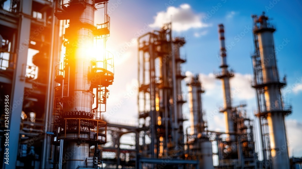 Industrial landscape at sunset showcasing towering refinery structures with bright sunlight Industrial landscape at sunset showcasing towering refinery structures with bright sunlight