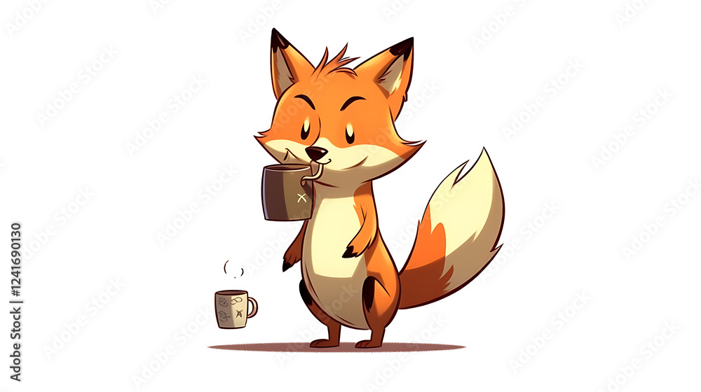 Obraz premium A cartoon fox is holding a book and a cup of coffee