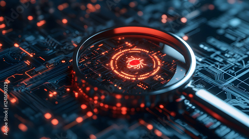 Close-up of a circuit board with a magnifying glass revealing a red bug icon at its center, symbolizing a cybersecurity vulnerability or software bug.