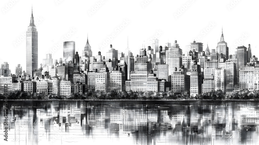 Panoramic view of Manhattan's illuminated skyline at dusk. Urban cityscape with tall buildings and waterfront, pencil black&white style
Panoramic view of Manhattan's illuminated skyline at dusk. Urban cityscape with tall buildings and waterfront, pencil black&white style